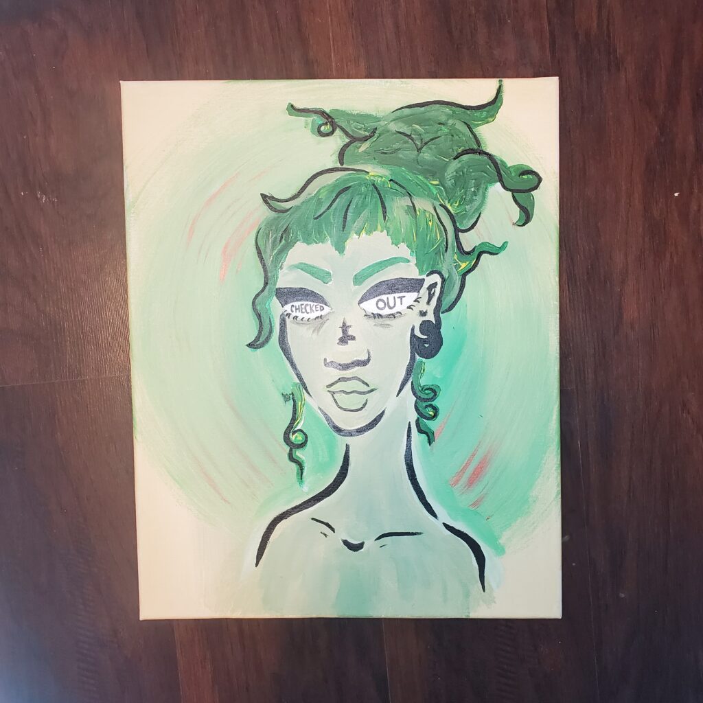 a light yellow background. The subject of the painting is a thin person with light green skin and dark green hair up in a large messy bun with a few curls coming out of the bun. They have thick, dramatic winged eyeliner and no pupils or irises. The word CHECKED is in one eye and OUT in the other. They have a soft smile. There is a slight halo effect around them in a light green with copper streaks through it.