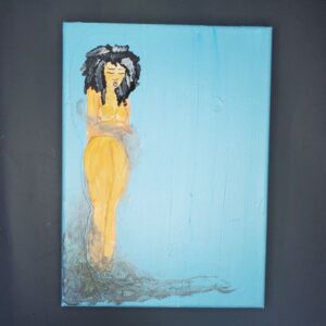 a light blue background. In the foreground a nude light skinned person with thick curly silver and black hair is engulfed by smoke