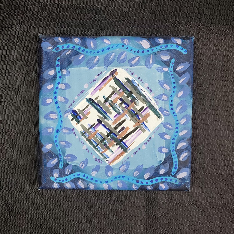 A small canvas painting. The background is made of various shades of blue. There is a border of blue and purple vines. In the middle is a white square with various colors of interwoven lines over top of it